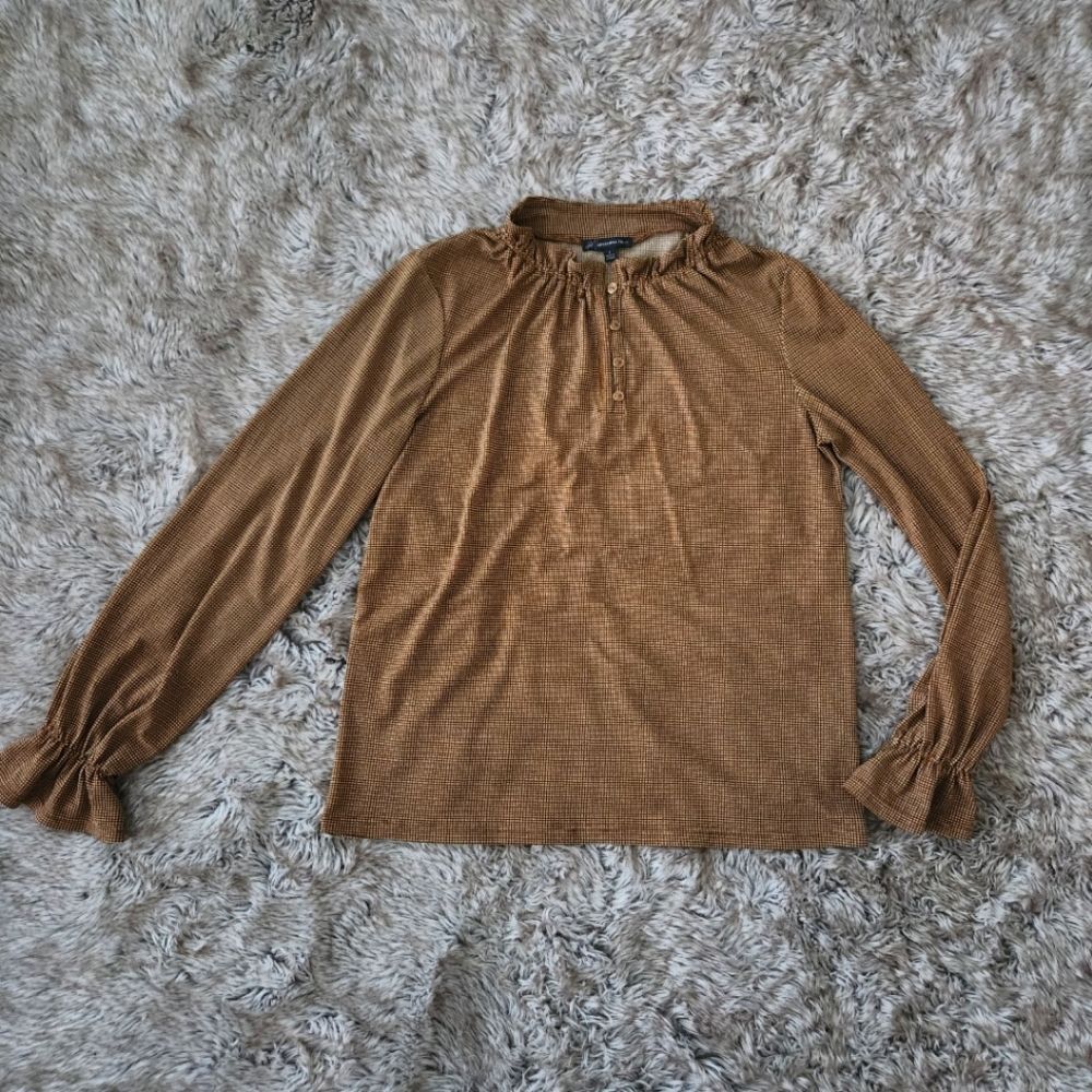 Adrianna Papell Long Sleeve Mock Neck Mini Plaid‎ Blouse Women's Size Small